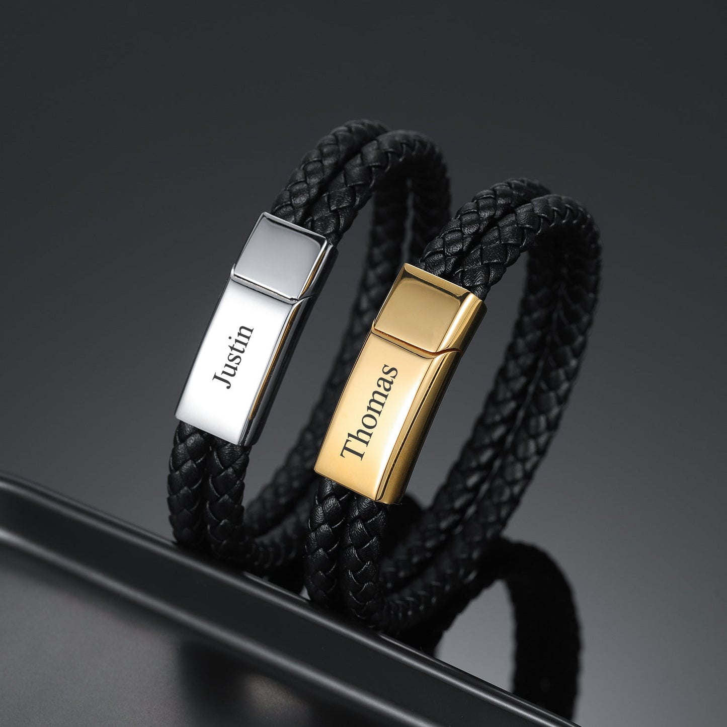 Max Engraved Leather Bracelet