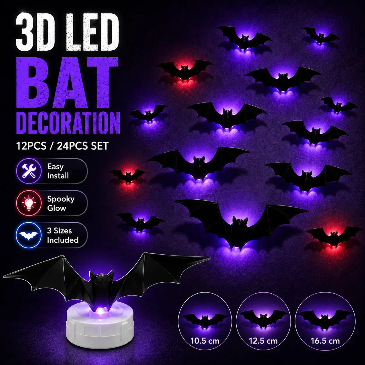 🦇 2026 3D LED Bat Wall Decor – Glowing Halloween Decor, Easy to Place & Remove