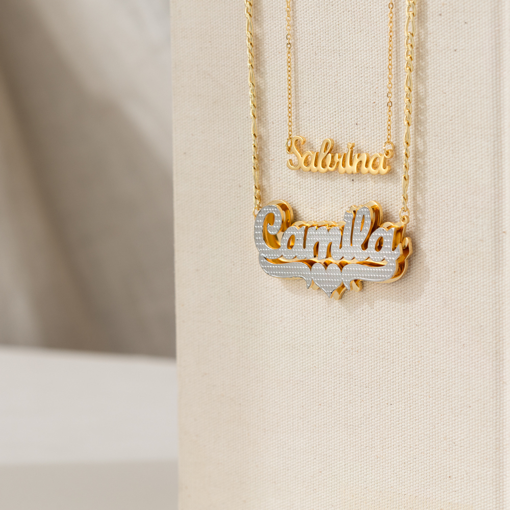 Diana Double Plated Pop Out Heart Name Necklace w/ Figaro Chain
