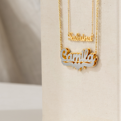 Diana Double Plated Pop Out Heart Name Necklace w/ Figaro Chain