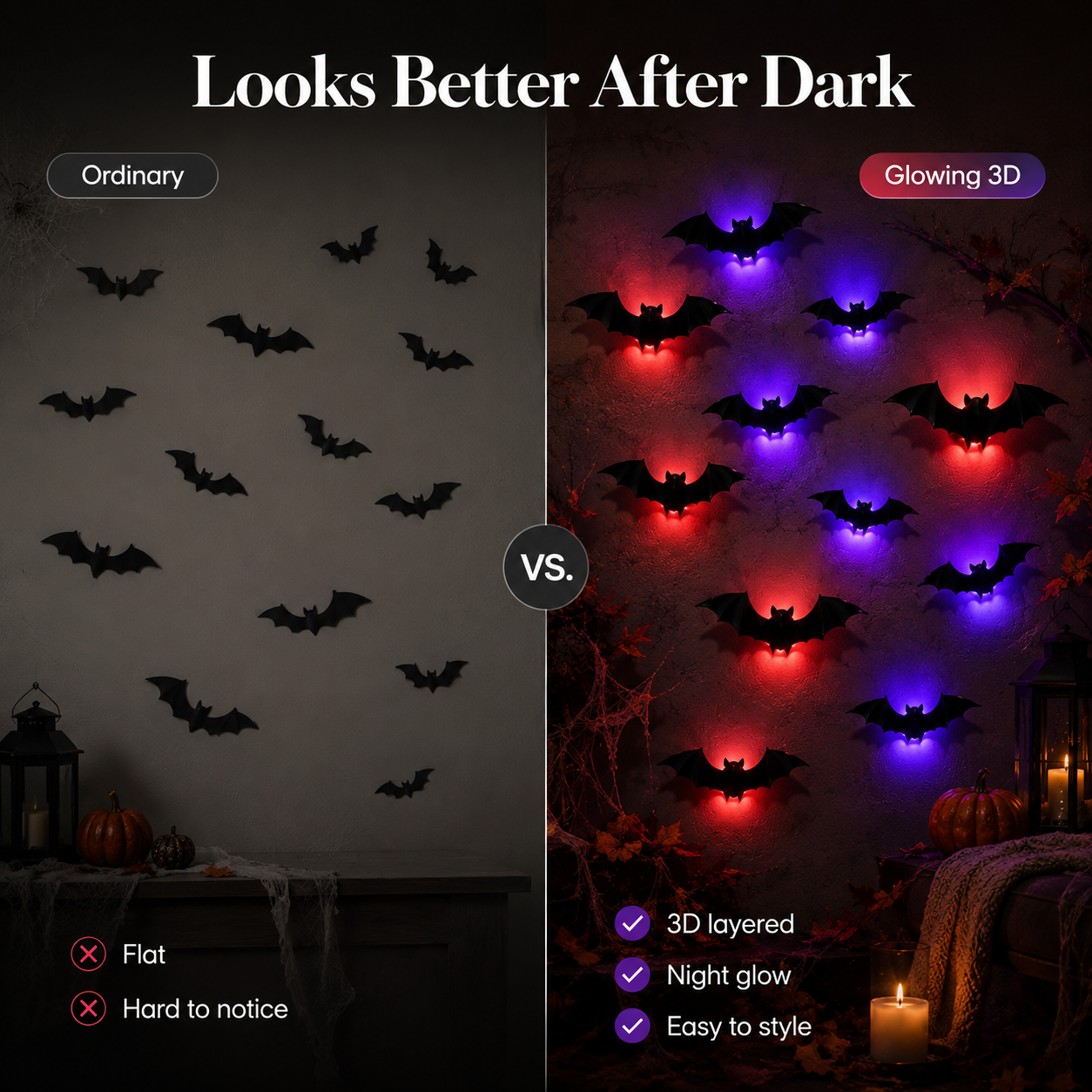 🦇 2026 3D LED Bat Wall Decor – Glowing Halloween Decor, Easy to Place & Remove