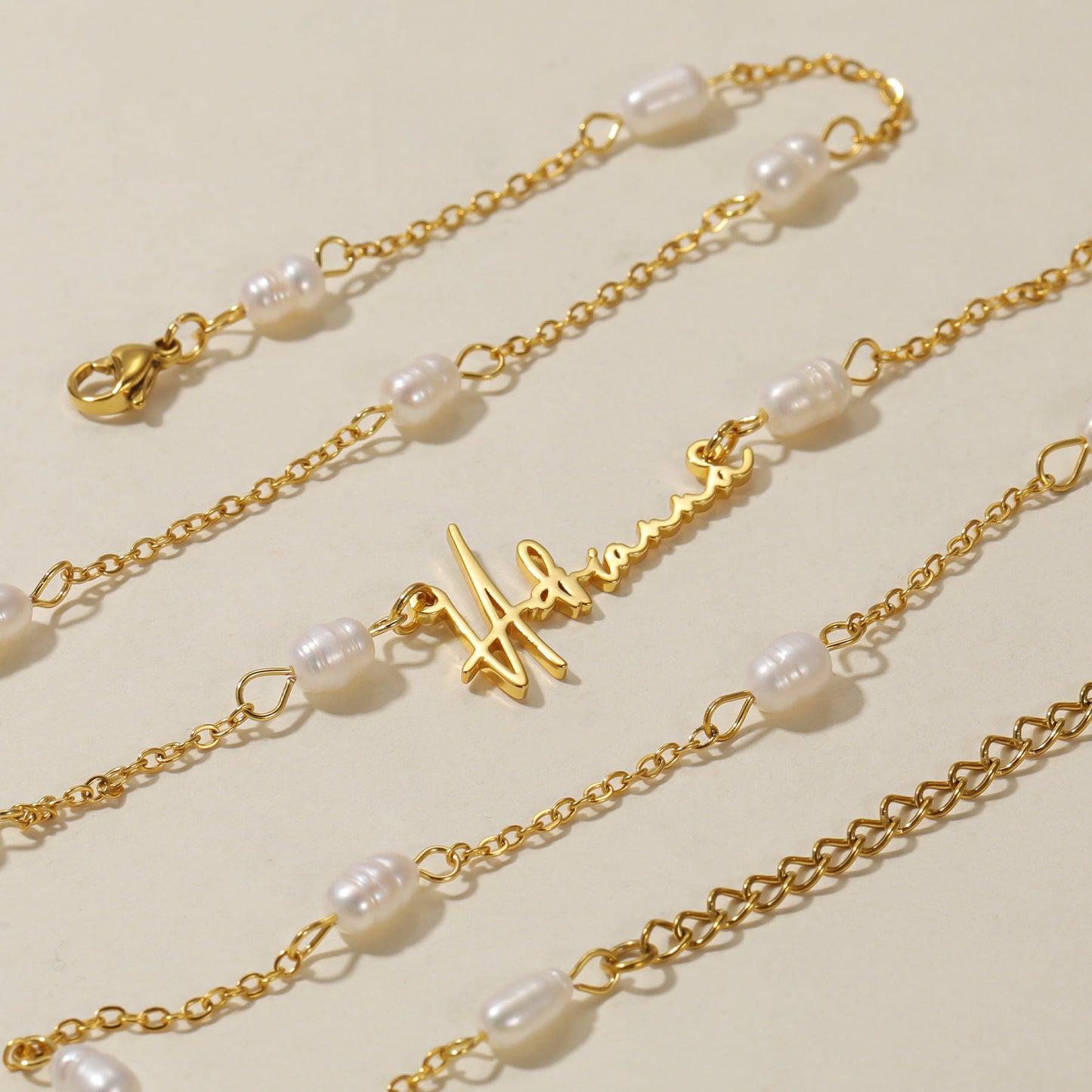 Monique Script Name Necklace w/ Pearl Link Chain
