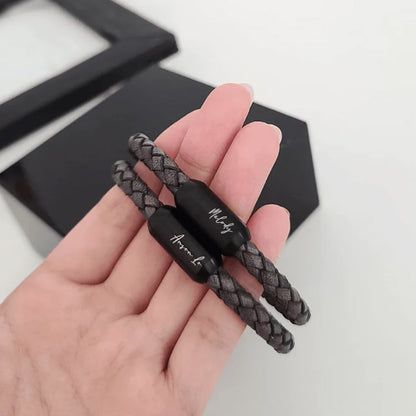 Ivey  Stainless Steel Engraved Leather Bracelet