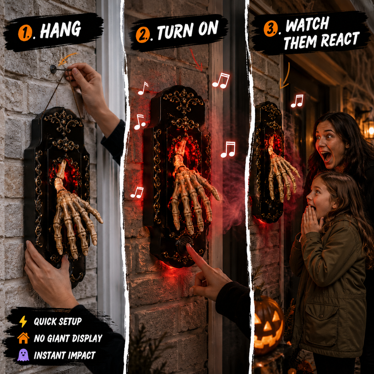 👻Halloween Skeleton Hand Doorbell – Touch/Motion Activated Red Light & Scary Sound Haunted House Decoration