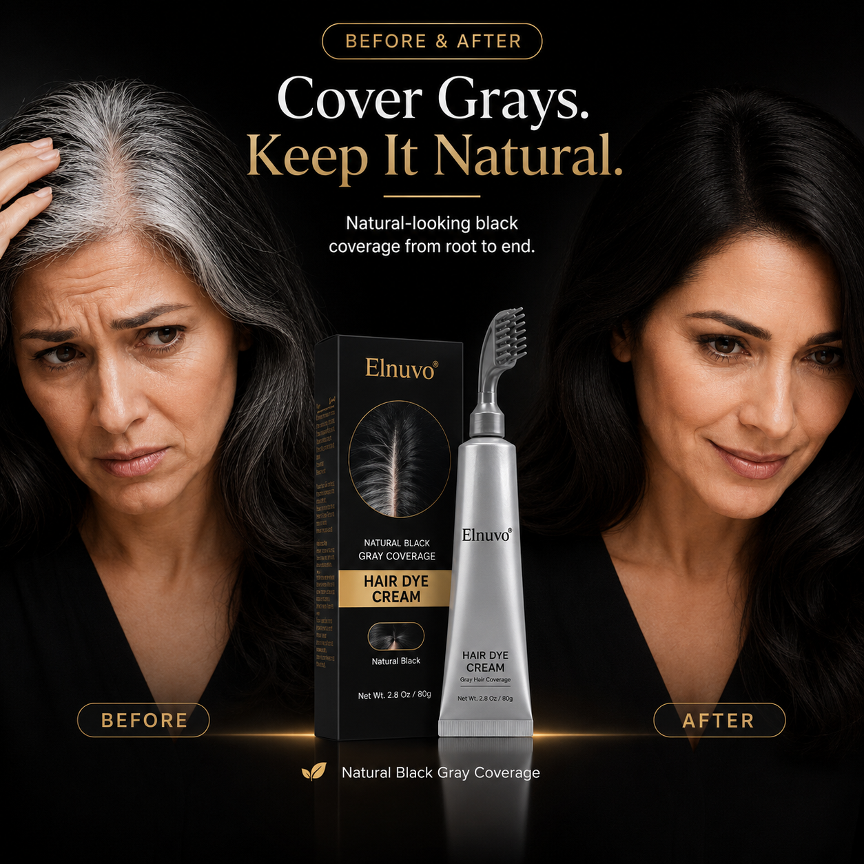Hazels® Comb - In Hair DyeCream for Gray Coverage -Natural Black & Dark Brown