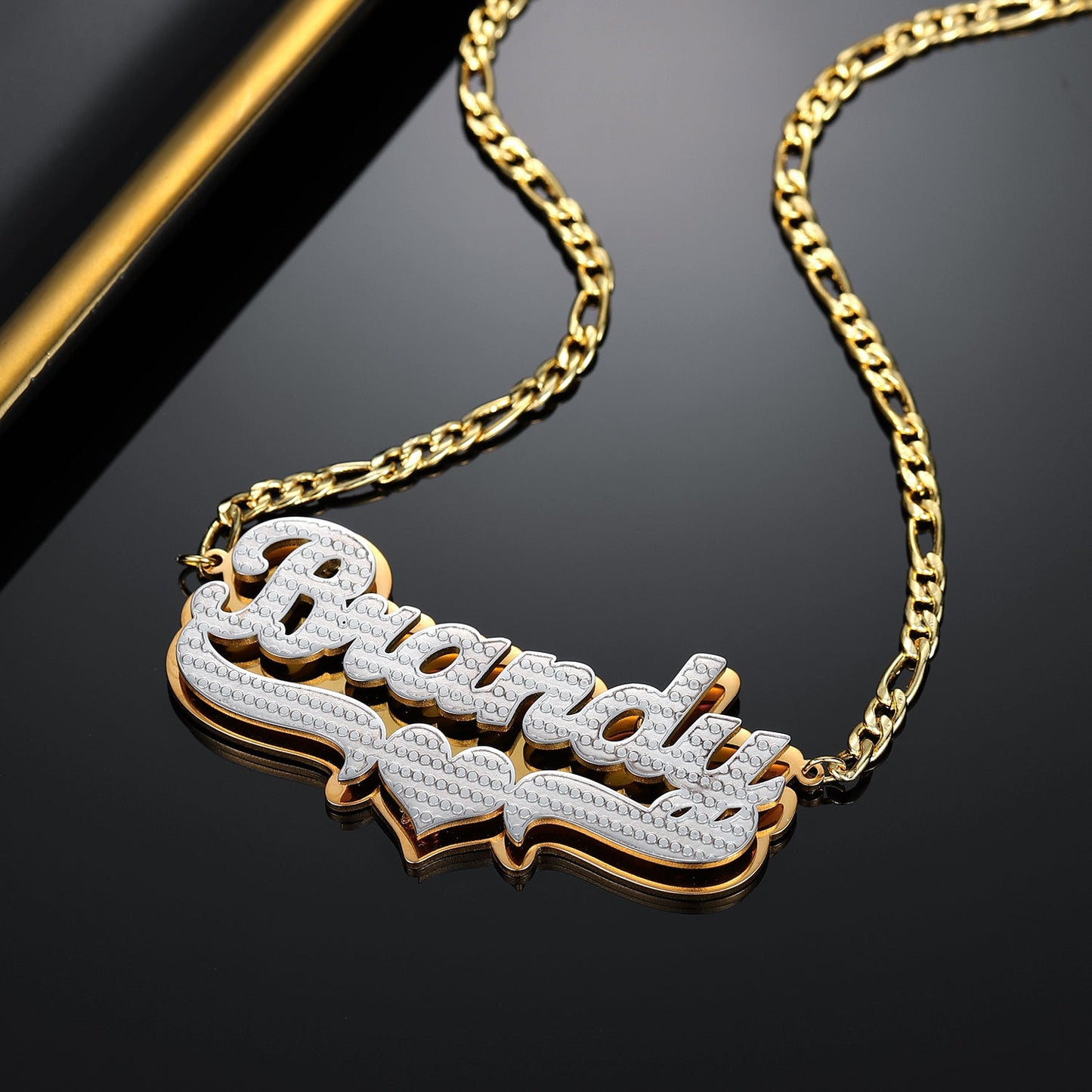 Diana Double Plated Pop Out Heart Name Necklace w/ Figaro Chain