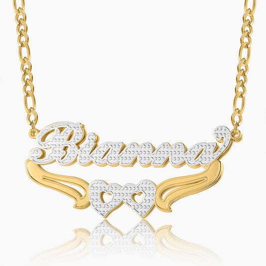 Fiona Double Plated Hearts Name Necklace w/ Figaro Chain