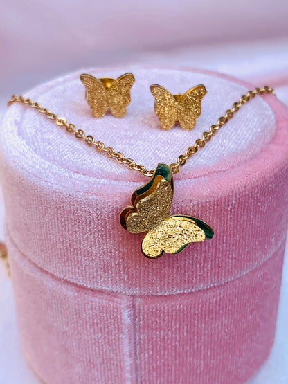 Abigail Frosted Double-layer Butterfly Necklace + Earrings