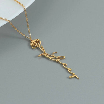 Customizable Name Titanium Steel Necklace with Birth Month Flower