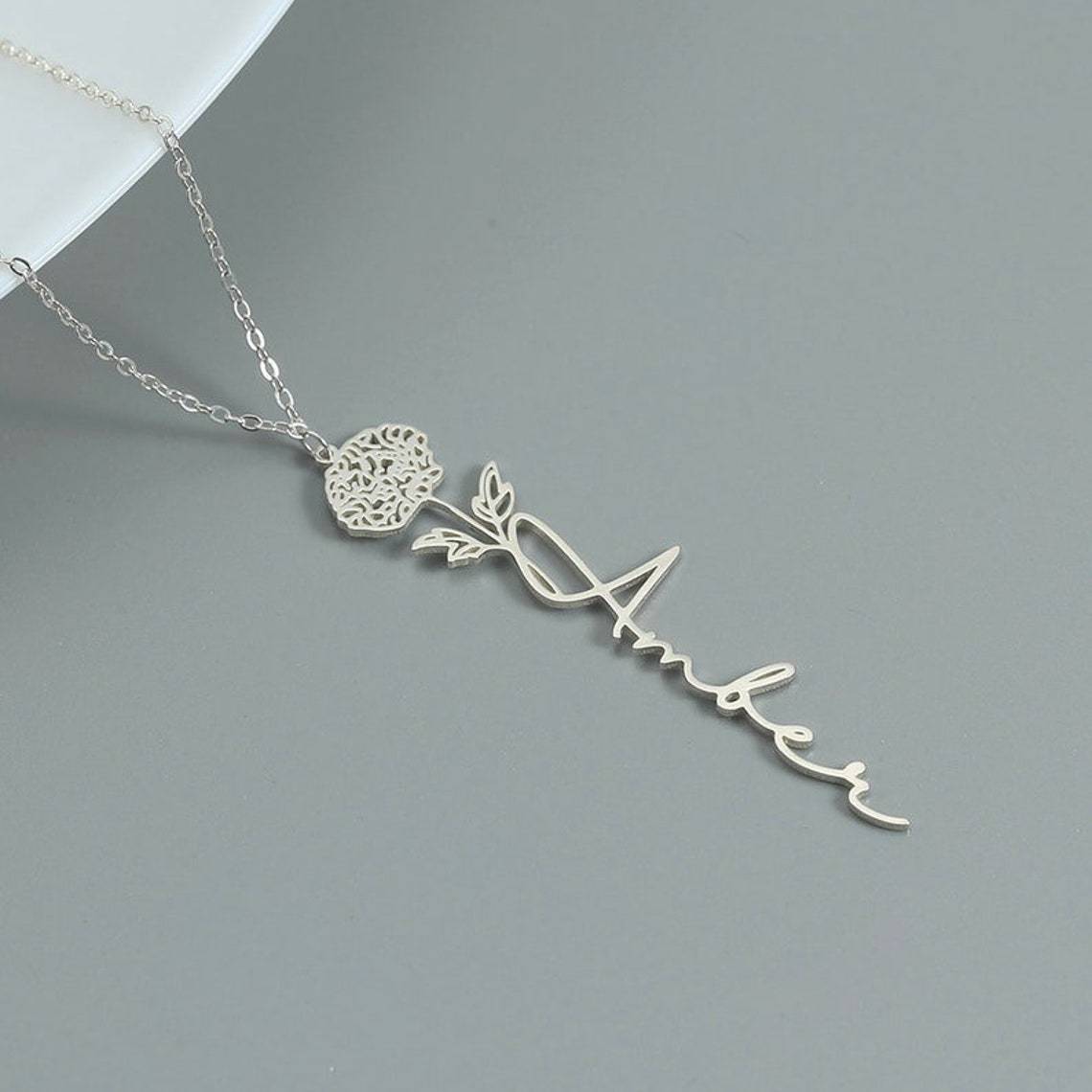 Customizable Name Titanium Steel Necklace with Birth Month Flower