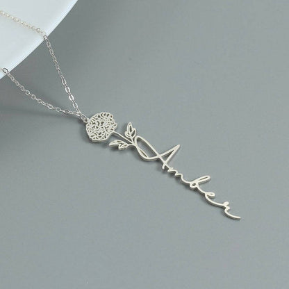 Customizable Name Titanium Steel Necklace with Birth Month Flower