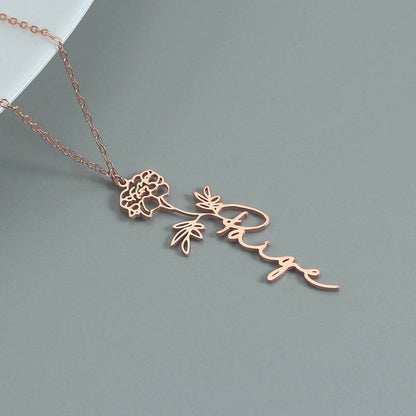 Customizable Name Titanium Steel Necklace with Birth Month Flower